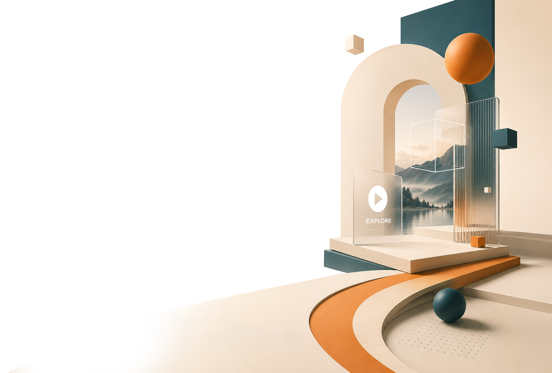 Abstract spatial scene with architectural forms, glass panels and interactive objects